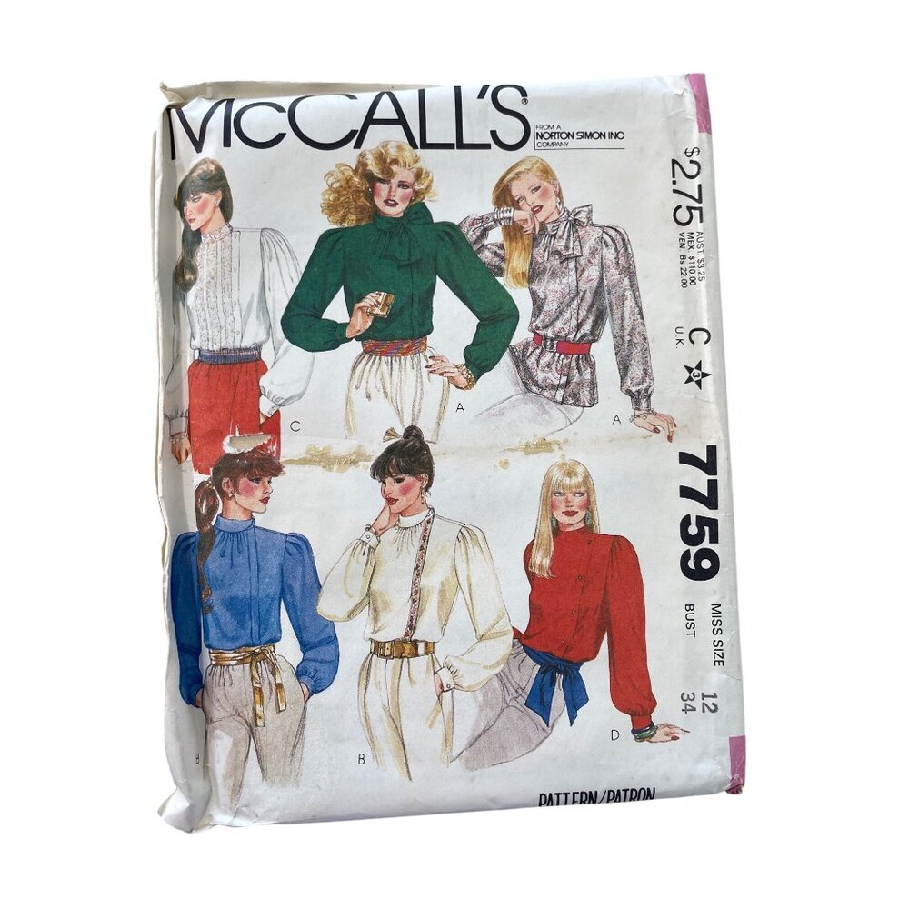 80s McCalls 7759 Misses Blouse Sewing Pattern Size 12 Bust 34 Vintage 1981 UNCUT